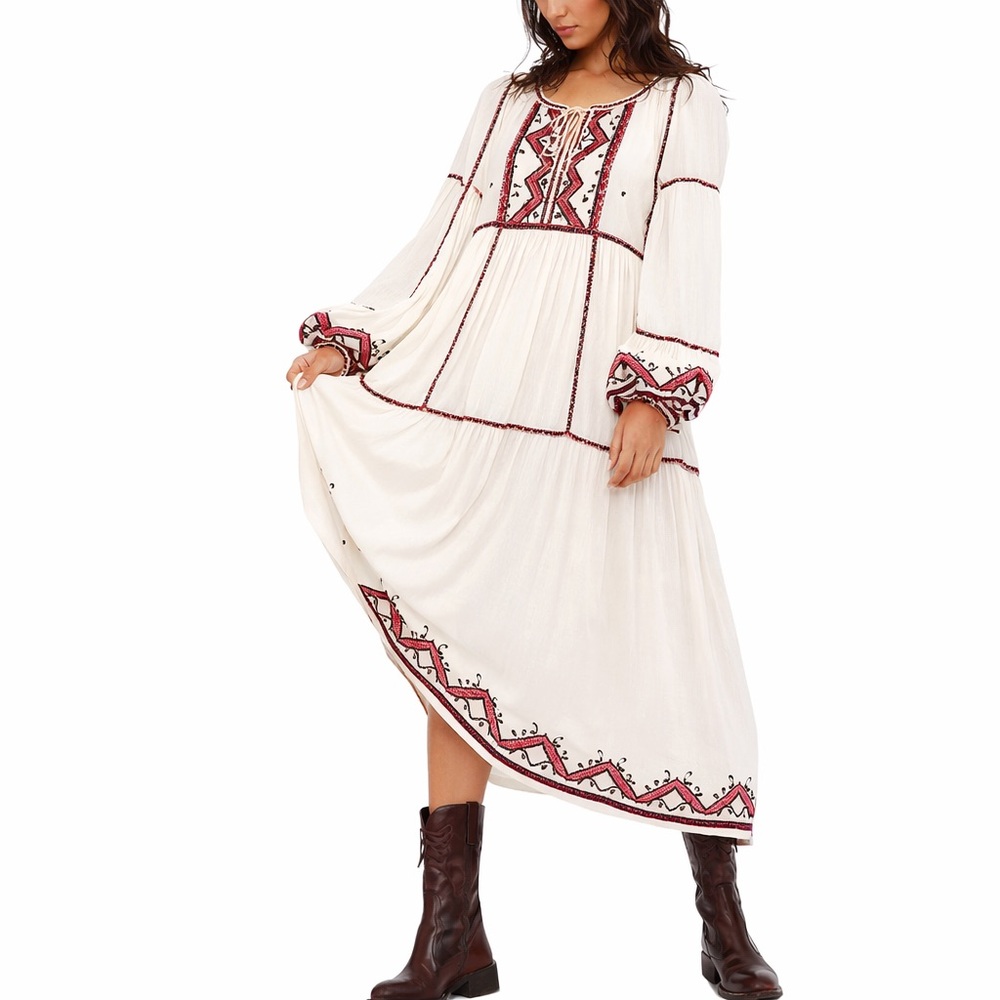 Free People Sweet Escape Embroidered Boho Midi Dress Ivory Red Folk NWOT